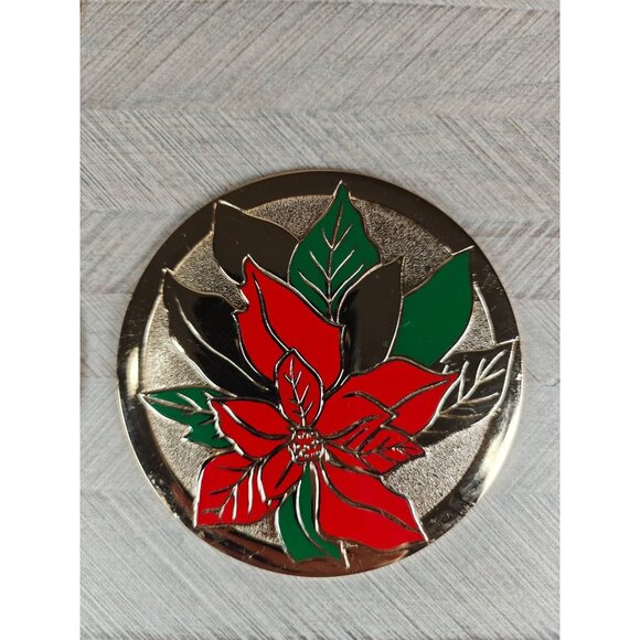 Set Of 4 Vintage Japan Brass Enamel Poinsettia Coasters 4" Velvet Back Christmas - Picture 3 of 7